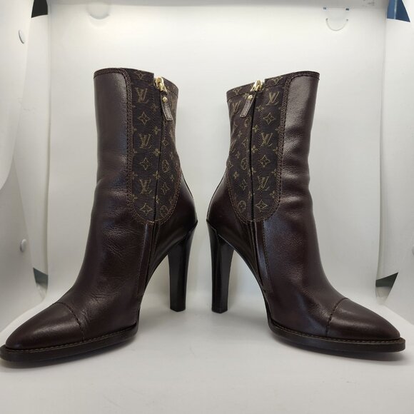 LOUIS VUITTON Brown Leather Mini Lin Jodie Monogram Ankle Boots, Size 35.5 5.5 - Picture 3 of 16